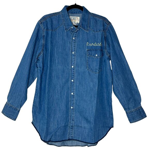 Sandrine Rose L'Artiste Embroidered Button Up Tunic Shirt Blue Women Small NWT - Picture 1 of 11